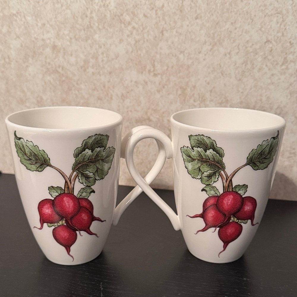 Lenox White Mugs with Red Radish Design set of 2